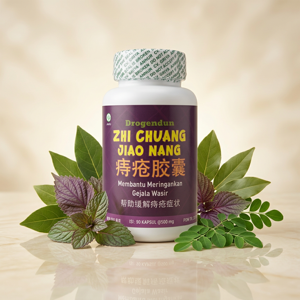 Botol Zhi Chuang Jiao Nang dengan tanaman herbal