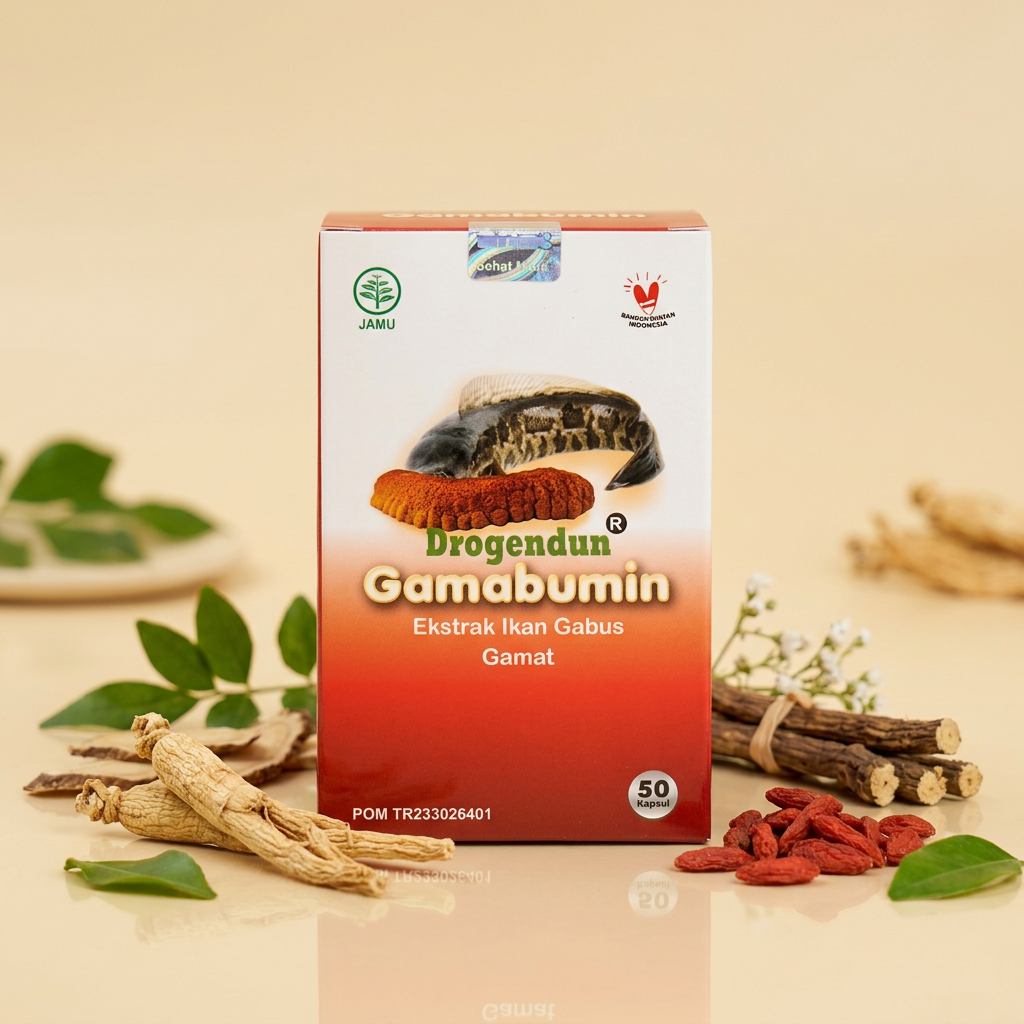 Kemasan Gamabumin ekstrak ikan gabus & gamat dengan aksen herbal