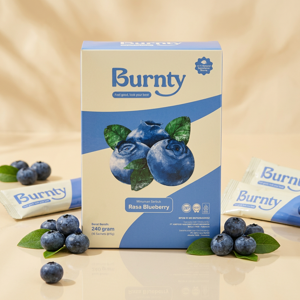 Kemasan Burnty minuman fiber rasa blueberry dengan buah blueberry segar