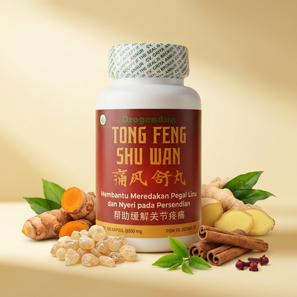 Botol Tong Feng Shu Wan dengan tanaman herbal