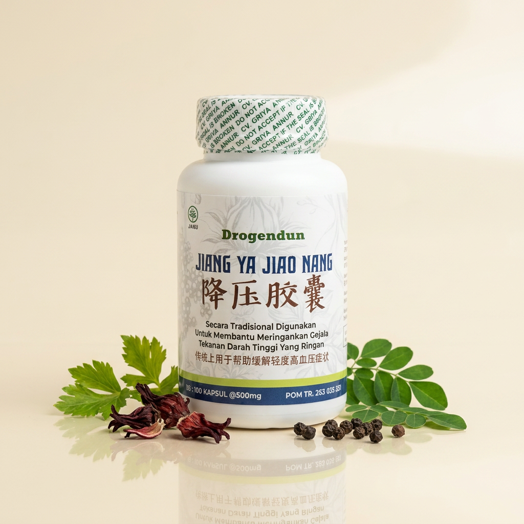 Botol Jiang Ya Jiao Nang dengan tanaman herbal