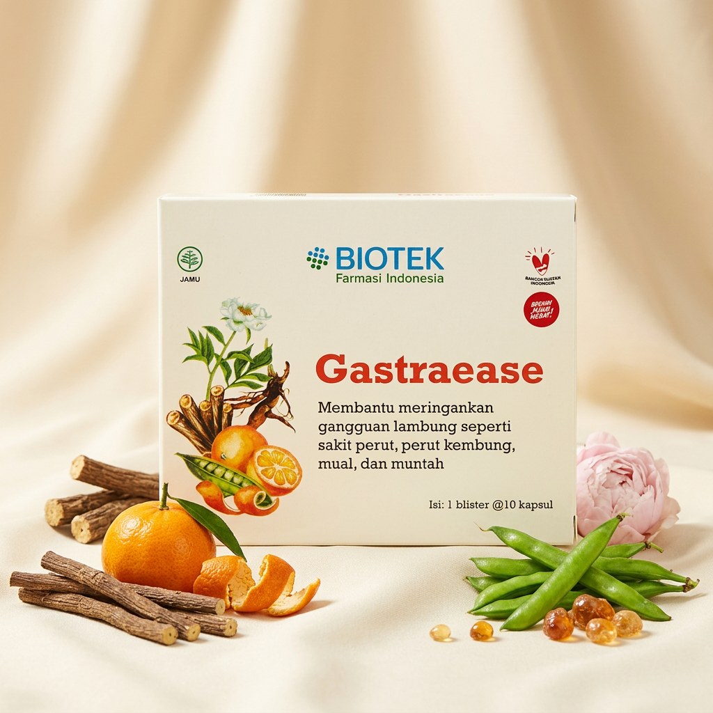 Kemasan Gastraease Biotek dengan bahan herbal