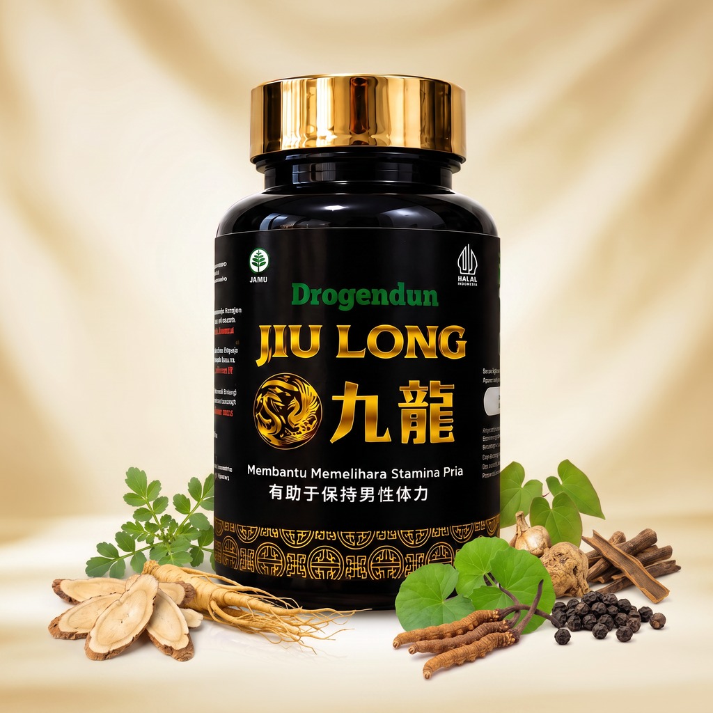 Botol Jiu Long Drogendun bersama bahan-bahan herbalnya, jamu untuk memelihara stamina pria